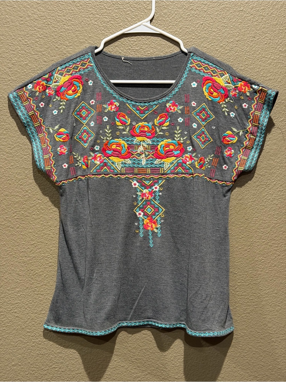 Savanna Jane Charcoal Gray Tunic with Bright Multicolor Embroidery